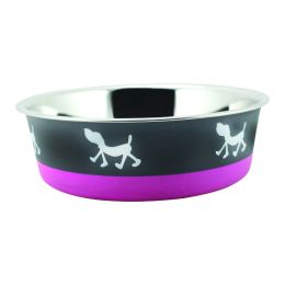 Stainless Steel Pet Bowl with Anti Skid Rubber Base and Dog Design; Large; Gray and Pink